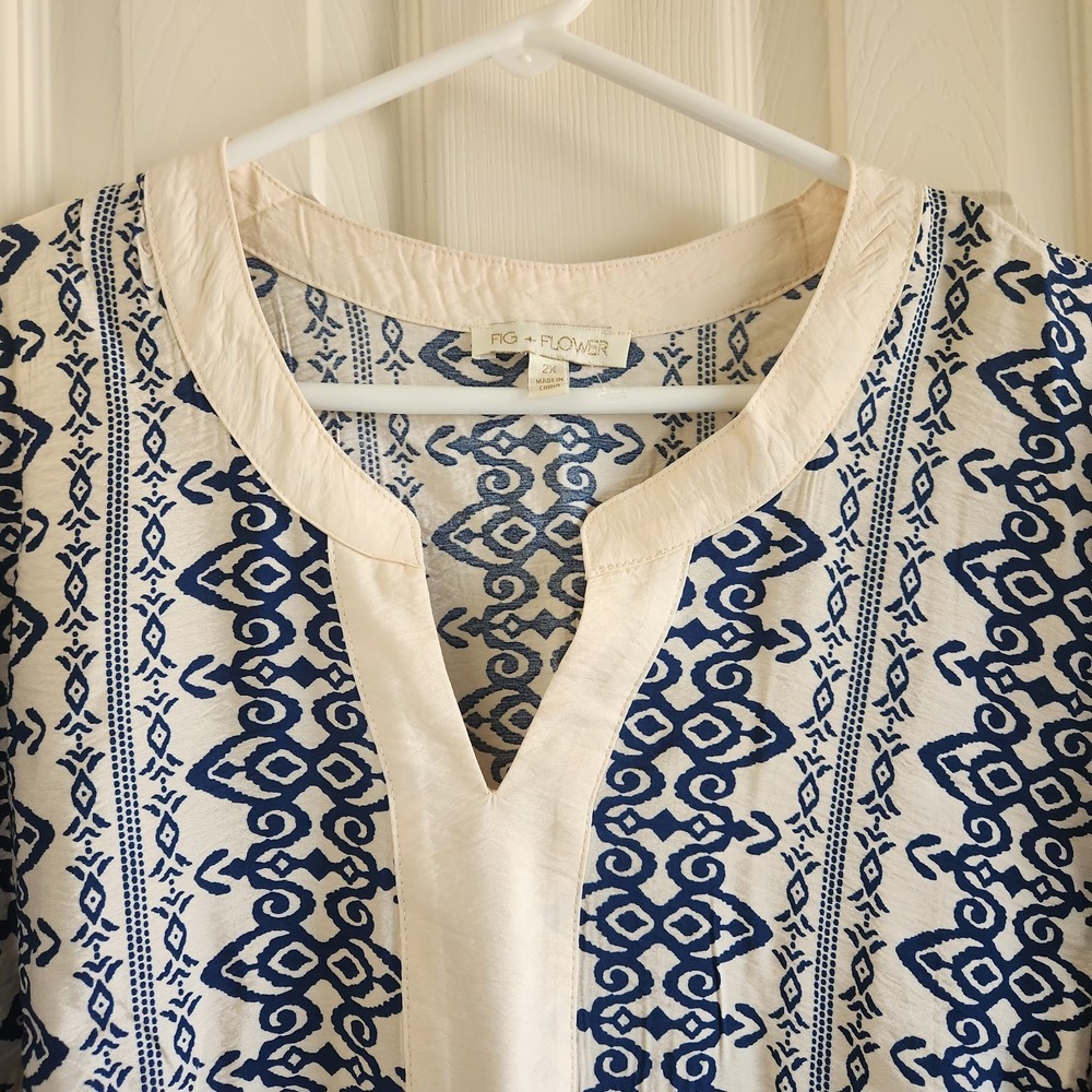 NWT Fig & Flower Cream/Navy Dress Plus Size V-Neck Printed Baby Doll 2X - Picture 6 of 9